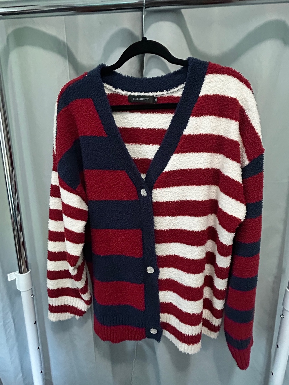 Cozy Striped Button-Up Cardigan Sweater - Red, Navy & White